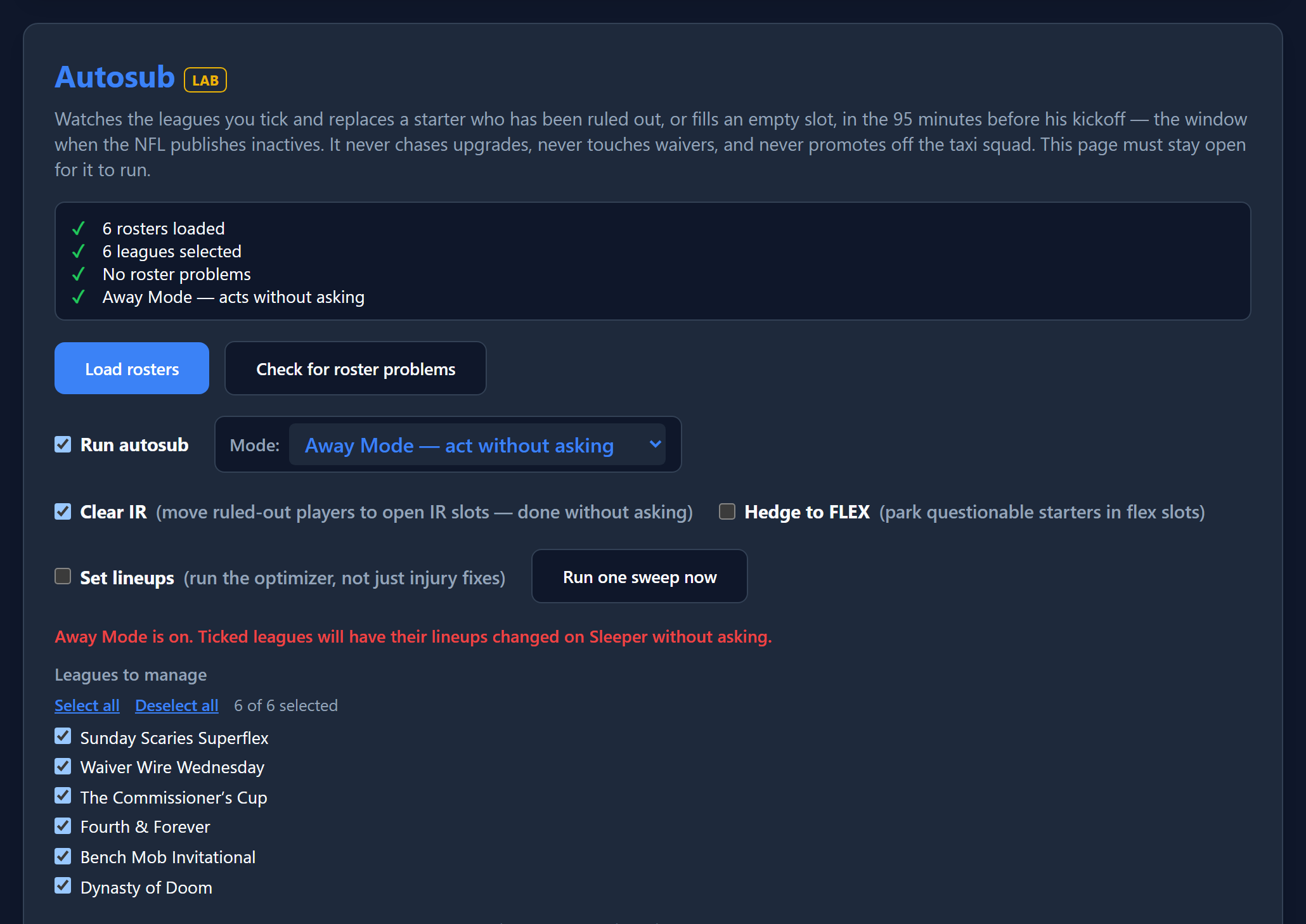 Autosub settings: a checklist with six rosters loaded and six leagues selected, Away Mode chosen, Clear IR switched on, and the list of leagues it manages.