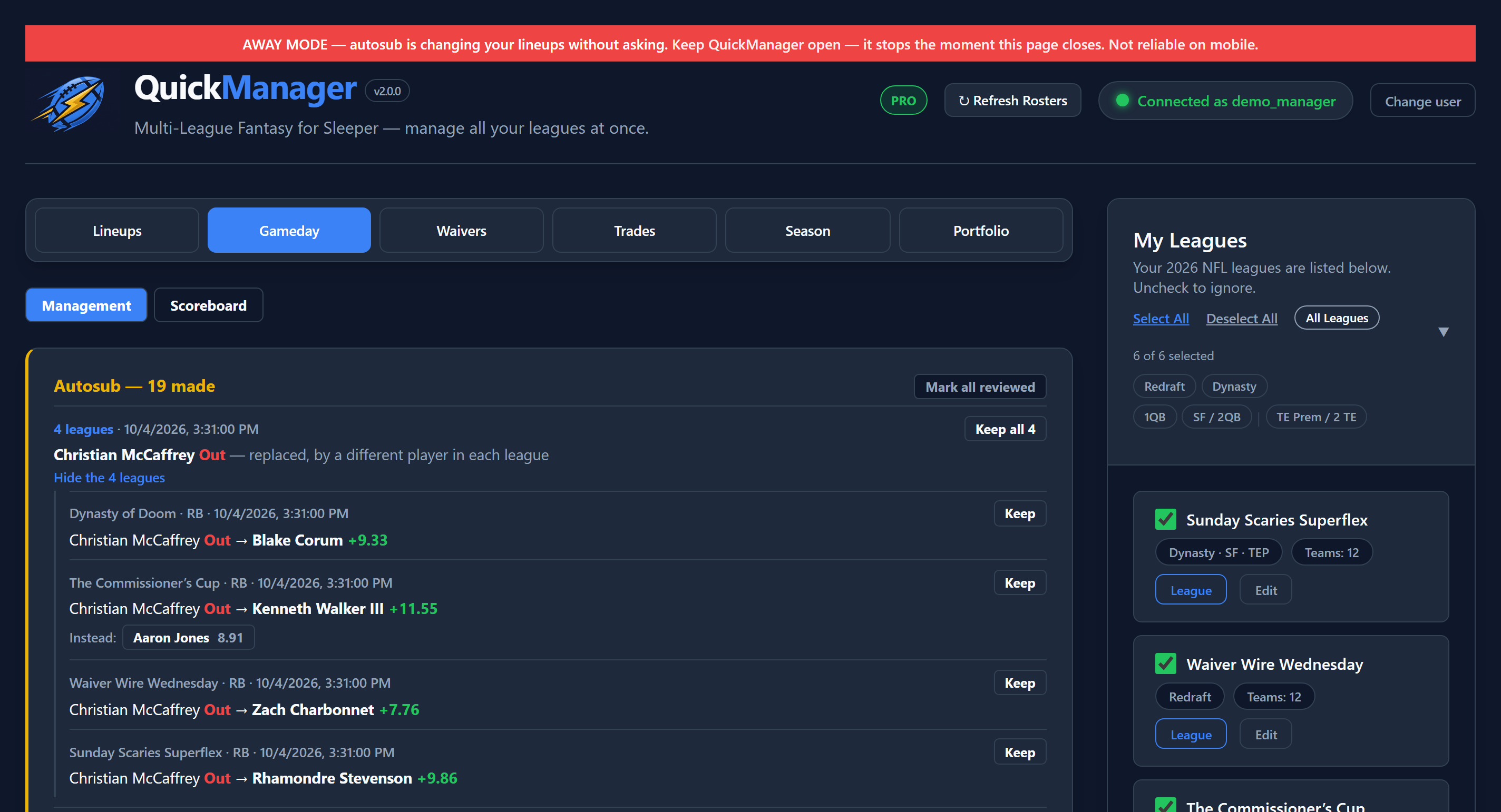 QuickManager with Away Mode on. The autosub inbox shows Christian McCaffrey ruled out at 3:31 PM and replaced by a different player in each of four leagues.